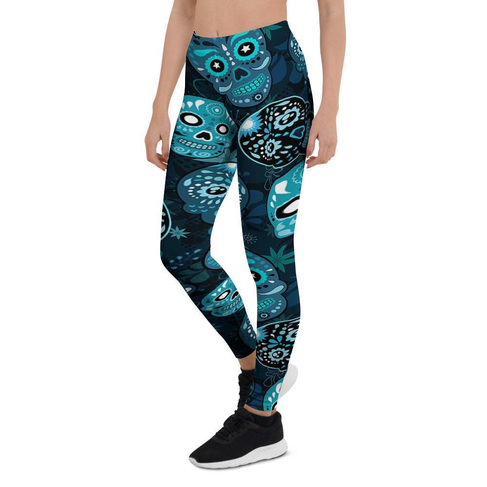 Blue Sugar Skull Print Women's Leggings-grizzshop