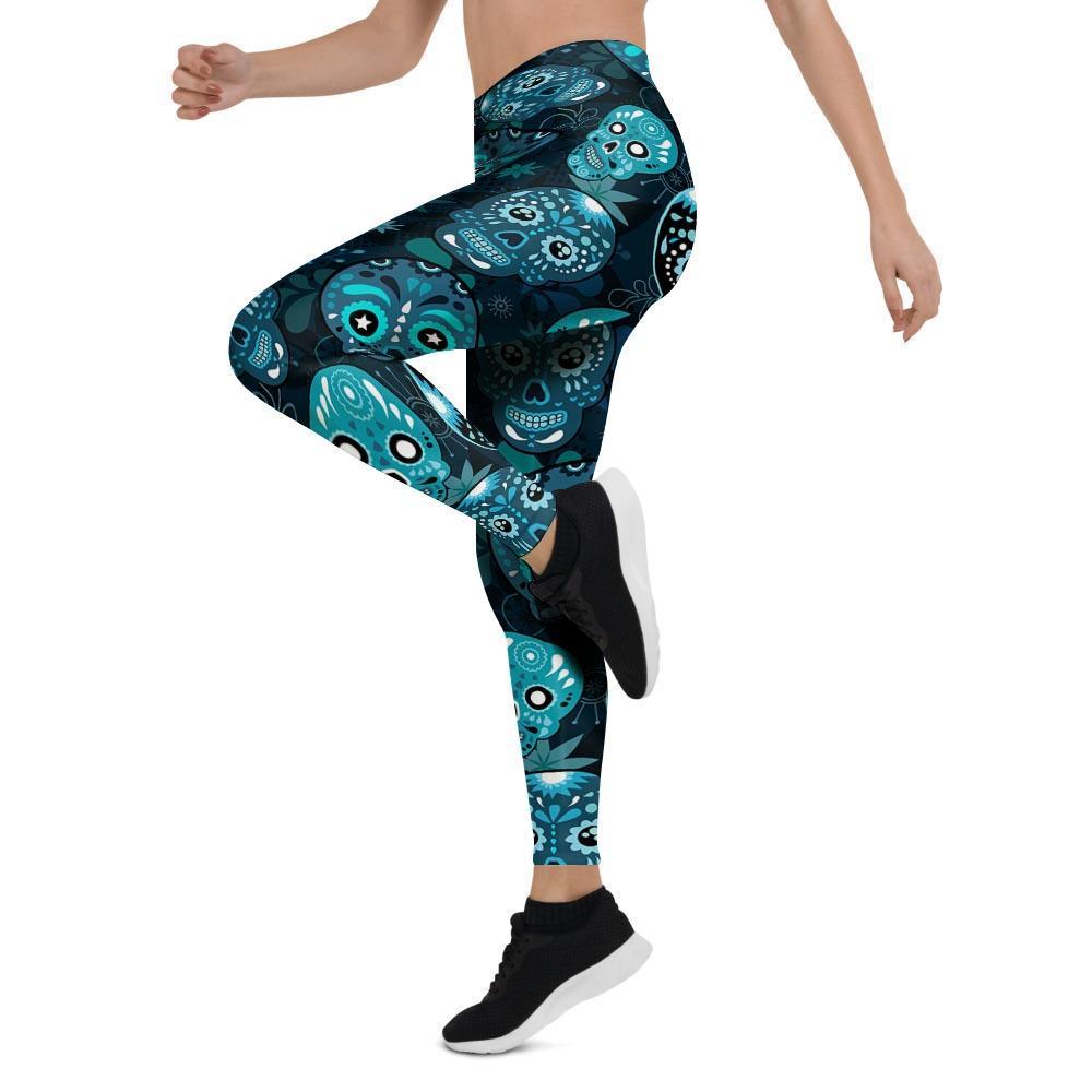 Blue Sugar Skull Print Women's Leggings-grizzshop