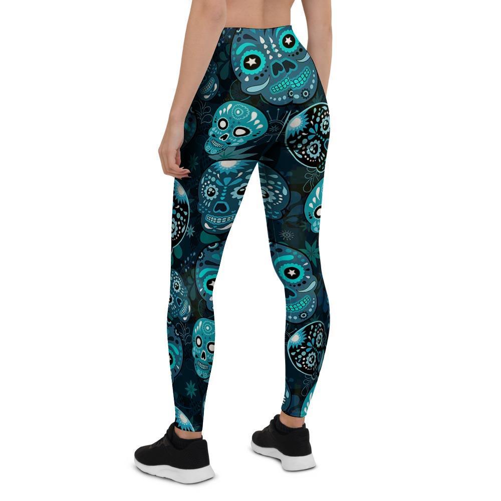 Blue Sugar Skull Print Women's Leggings-grizzshop