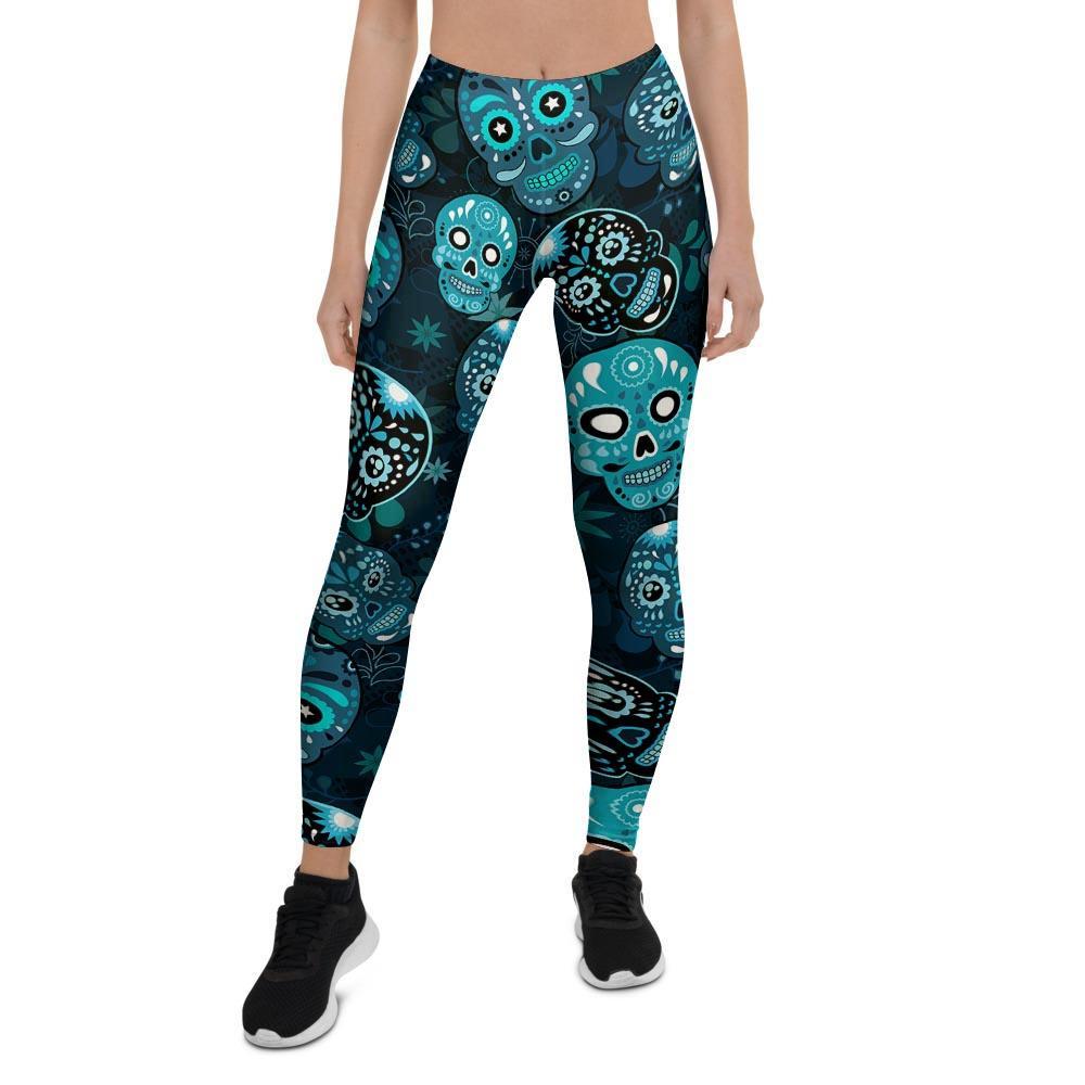 Blue Sugar Skull Print Women's Leggings-grizzshop