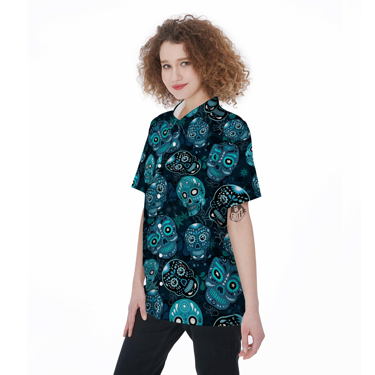 Blue Sugar Skull Print Women's Short Sleeve Shirts-grizzshop