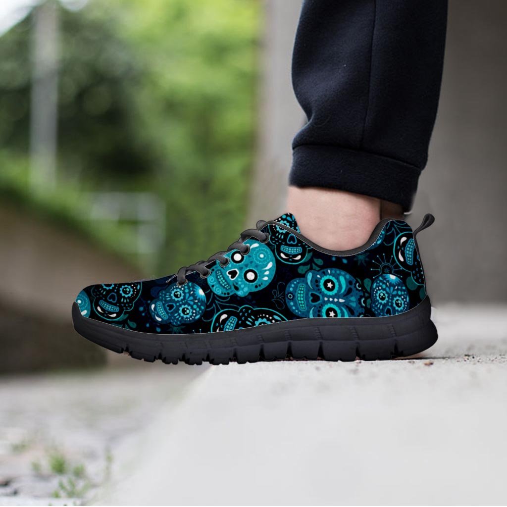 Blue Sugar Skull Print Women's Sneakers-grizzshop