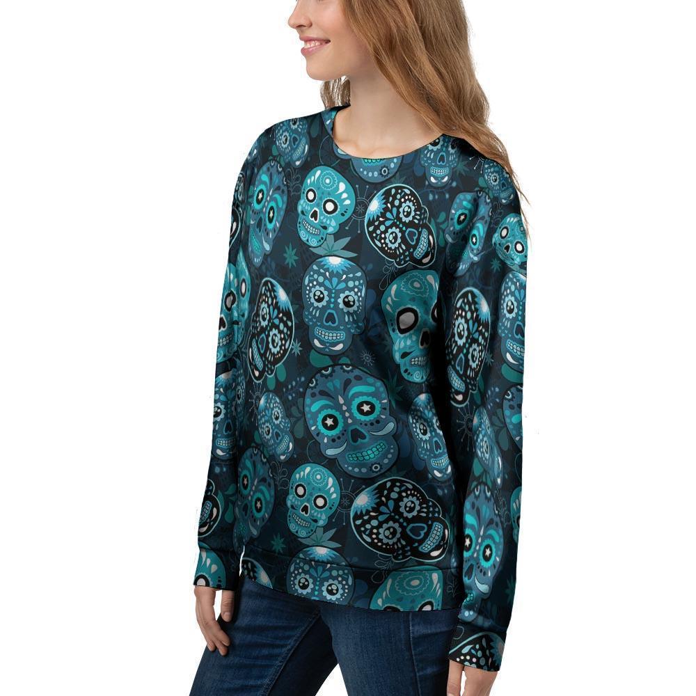 Blue Sugar Skull Print Women's Sweatshirt-grizzshop