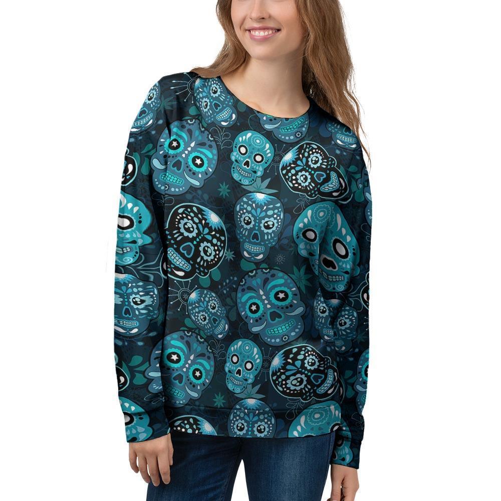 Blue Sugar Skull Print Women's Sweatshirt-grizzshop