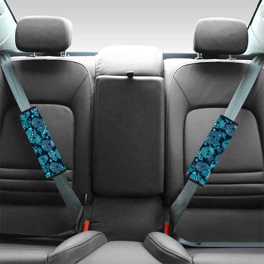 Blue Sugar Skull Seat Belt Cover-grizzshop