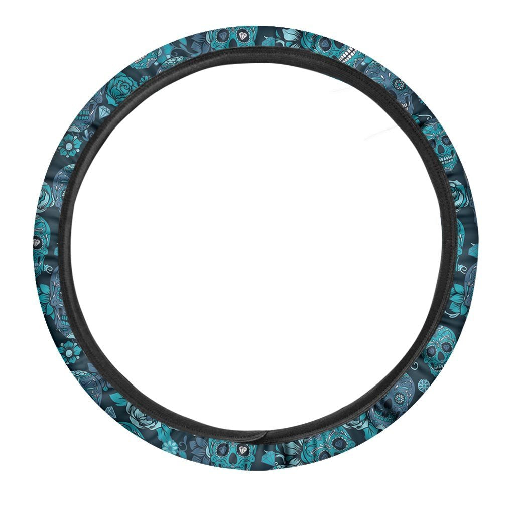 Blue Sugar Skull Steering Wheel Cover-grizzshop