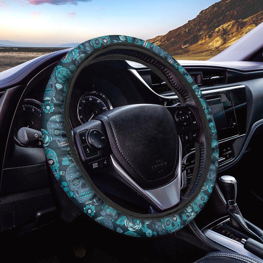 Blue Sugar Skull Steering Wheel Cover-grizzshop