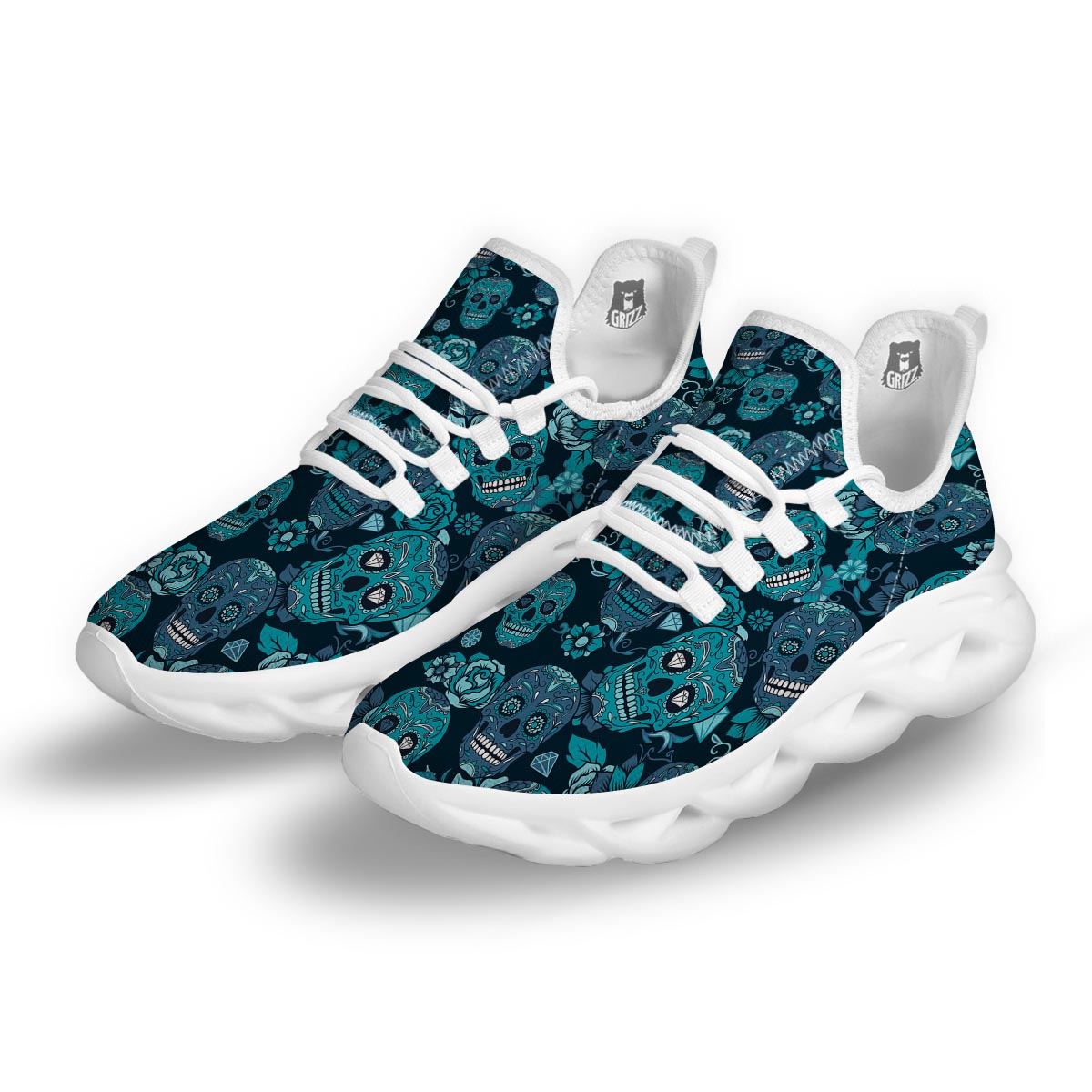 Blue Sugar Skull White Running Shoes-grizzshop