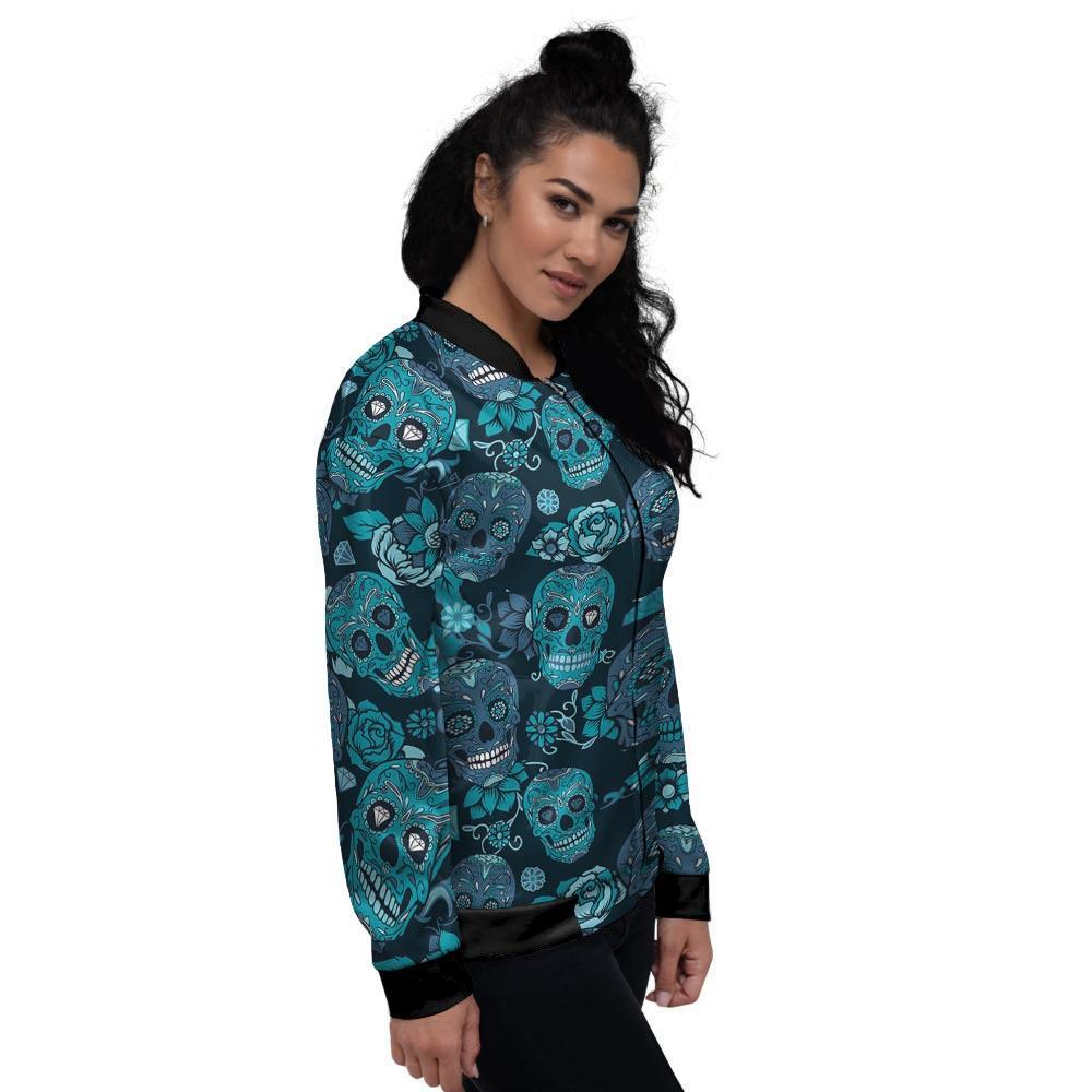 Blue Sugar Skull Women's Bomber Jacket-grizzshop