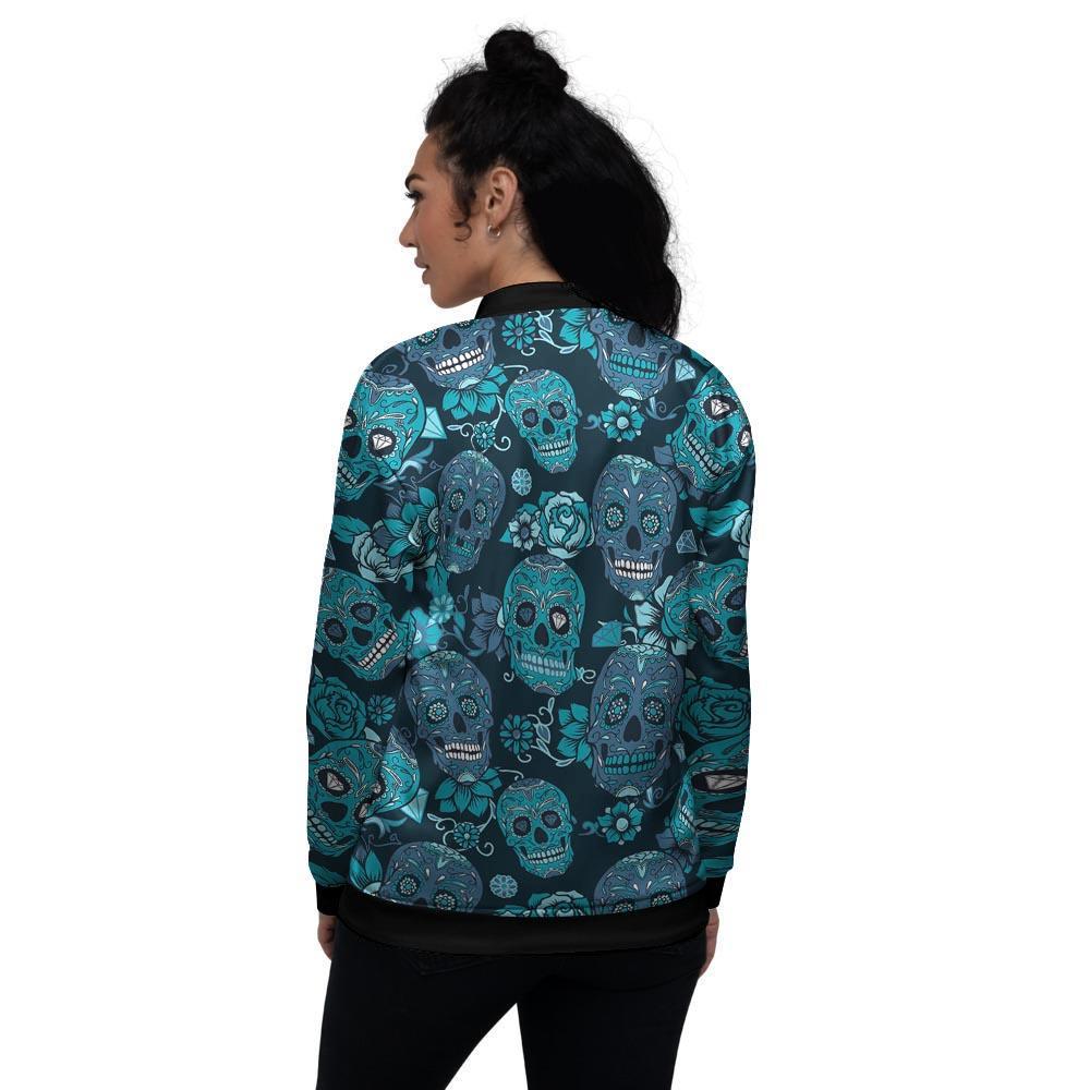 Blue Sugar Skull Women's Bomber Jacket-grizzshop