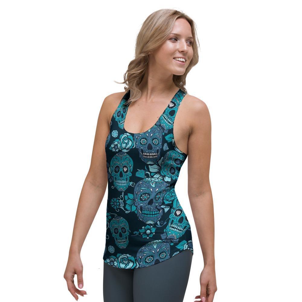 Blue Sugar Skull Women's Racerback Tank Top-grizzshop