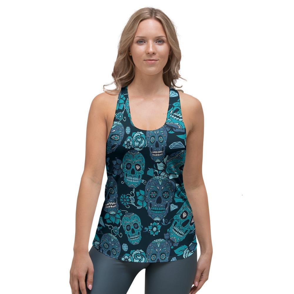 Blue Sugar Skull Women's Racerback Tank Top-grizzshop