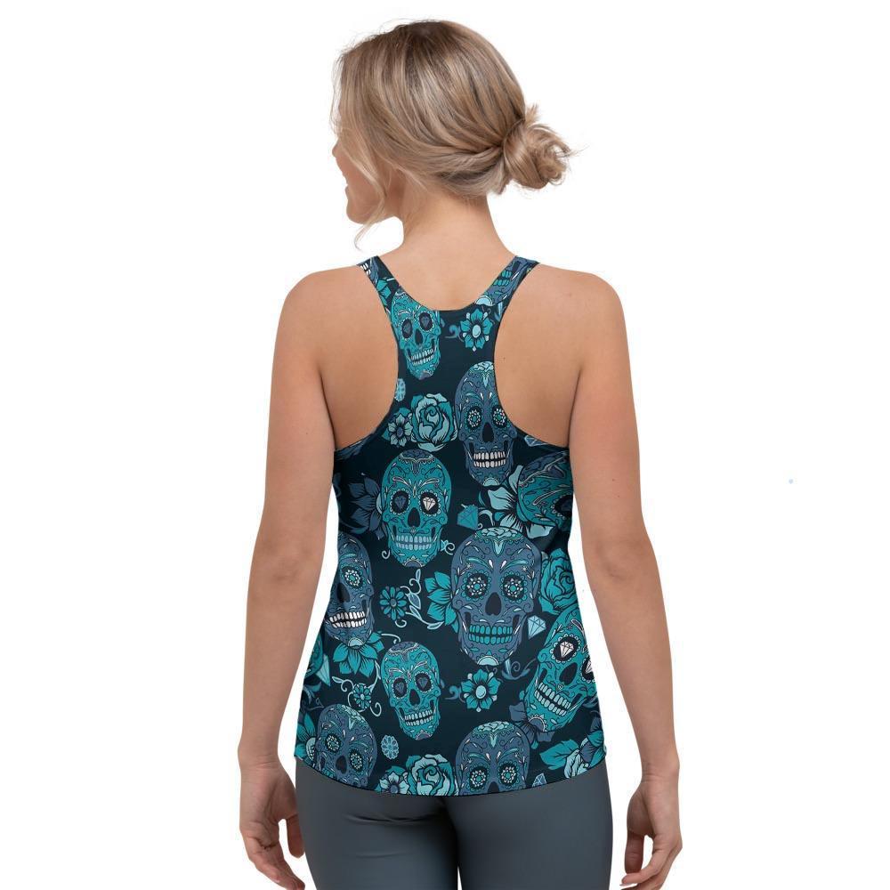 Blue Sugar Skull Women's Racerback Tank Top-grizzshop