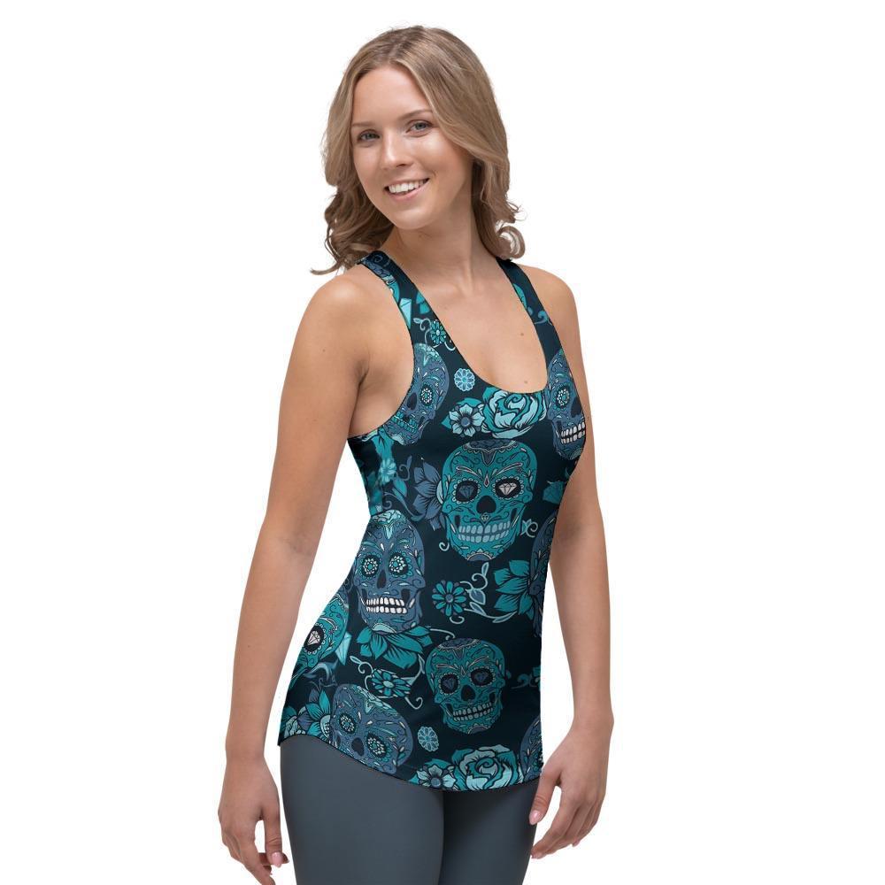 Blue Sugar Skull Women's Racerback Tank Top-grizzshop