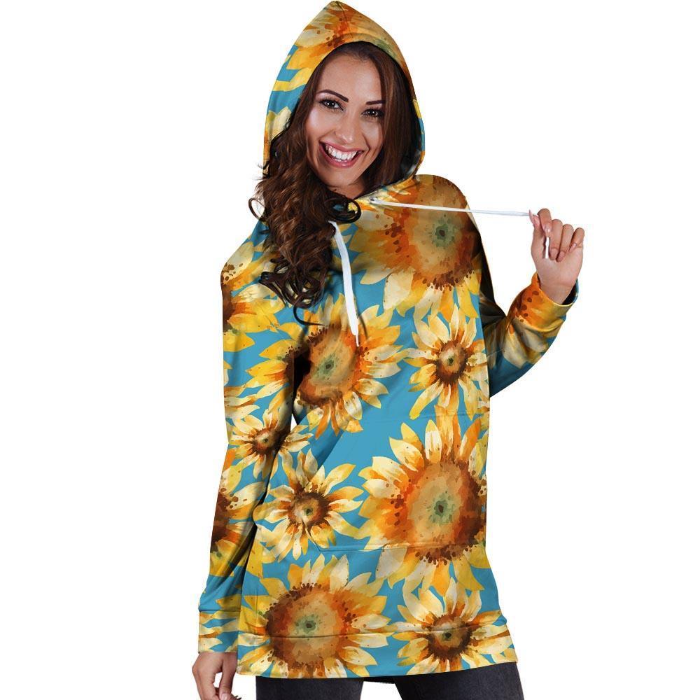 Blue Sunflower Hoodie Dress-grizzshop