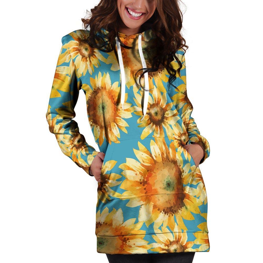 Blue Sunflower Hoodie Dress-grizzshop