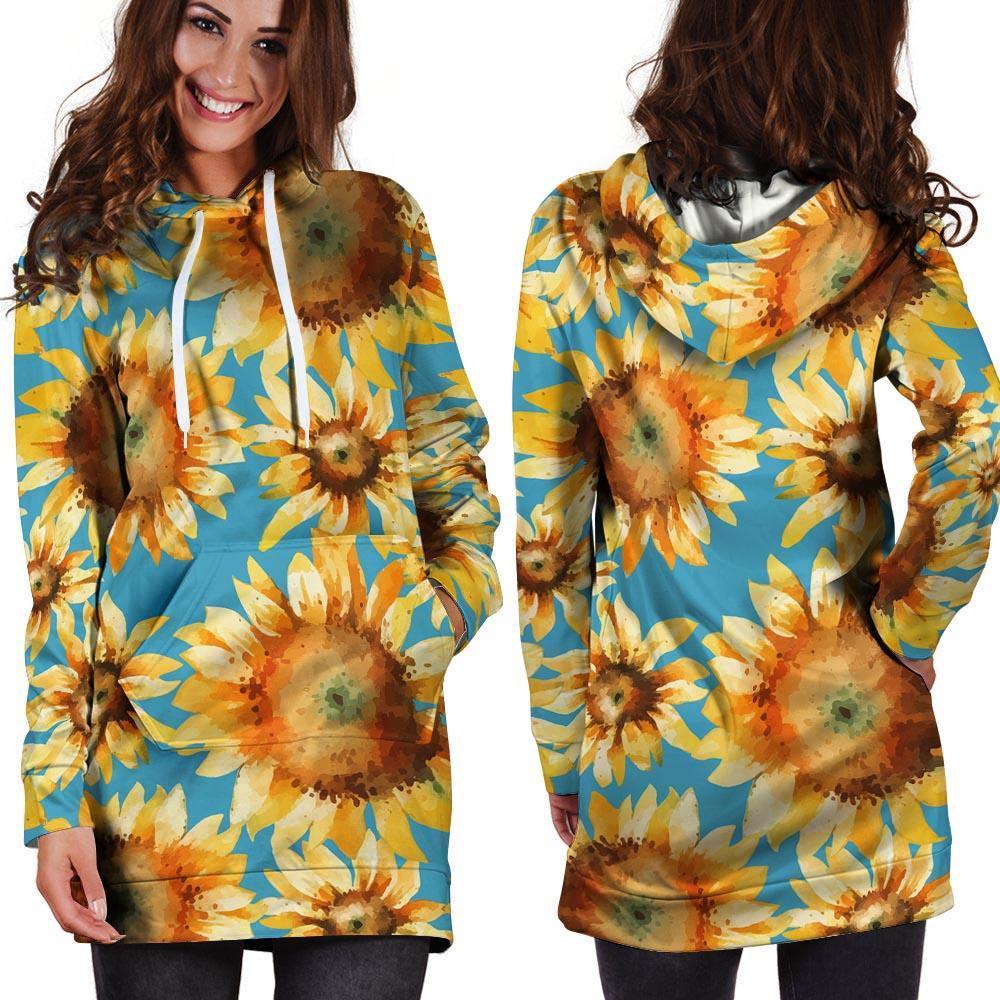 Blue Sunflower Hoodie Dress-grizzshop