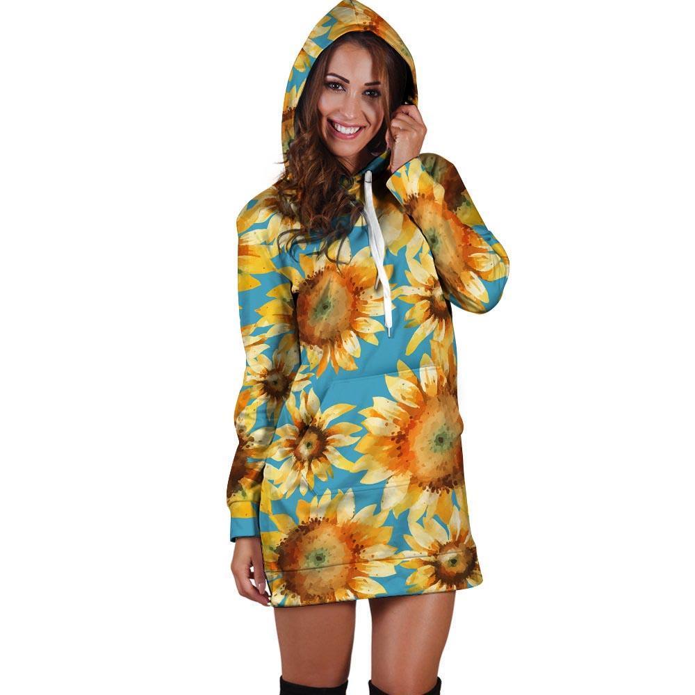 Blue Sunflower Hoodie Dress-grizzshop