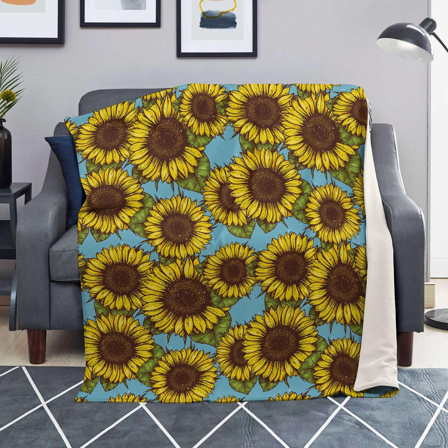 Blue Sunflower Print Blanket-grizzshop