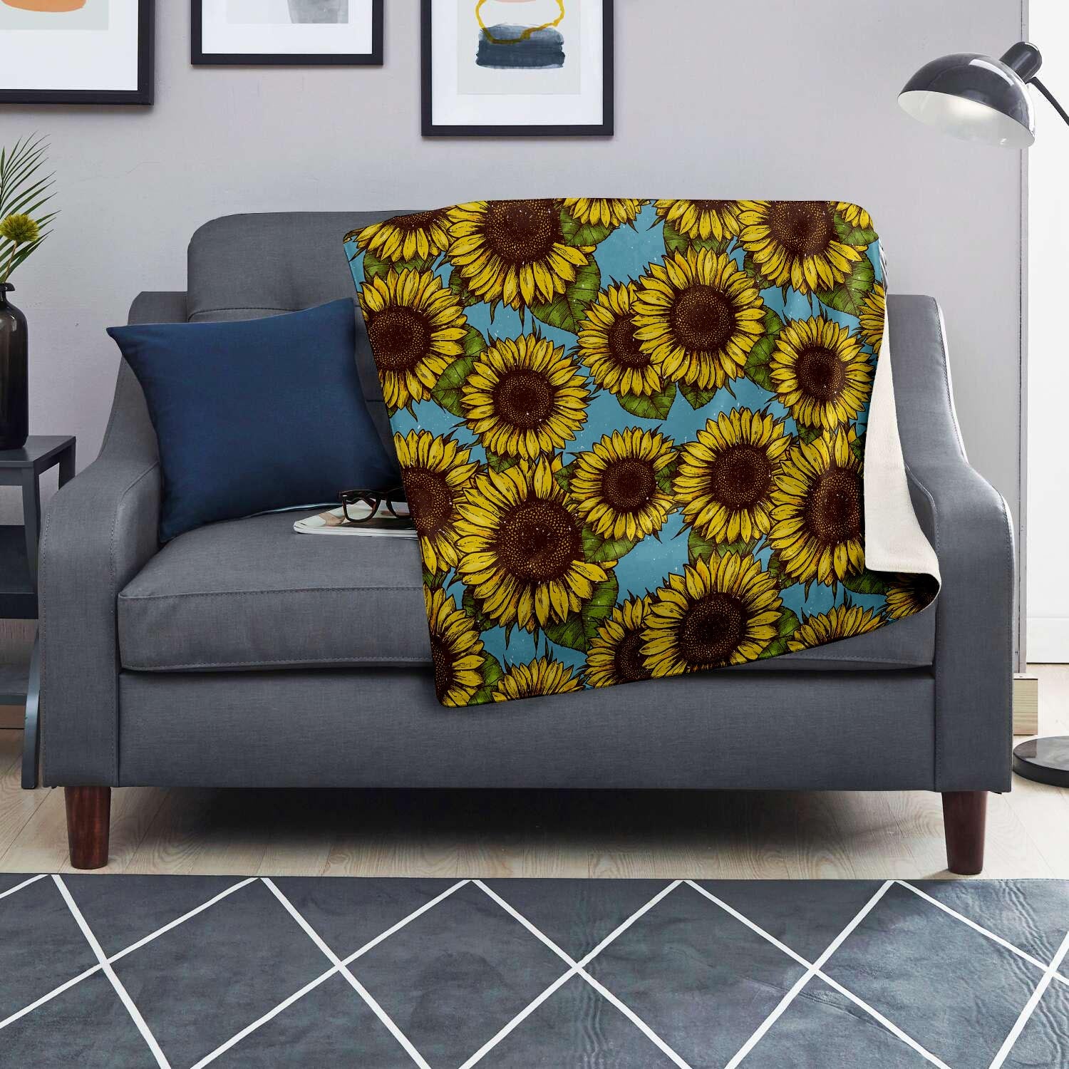 Blue Sunflower Print Blanket-grizzshop