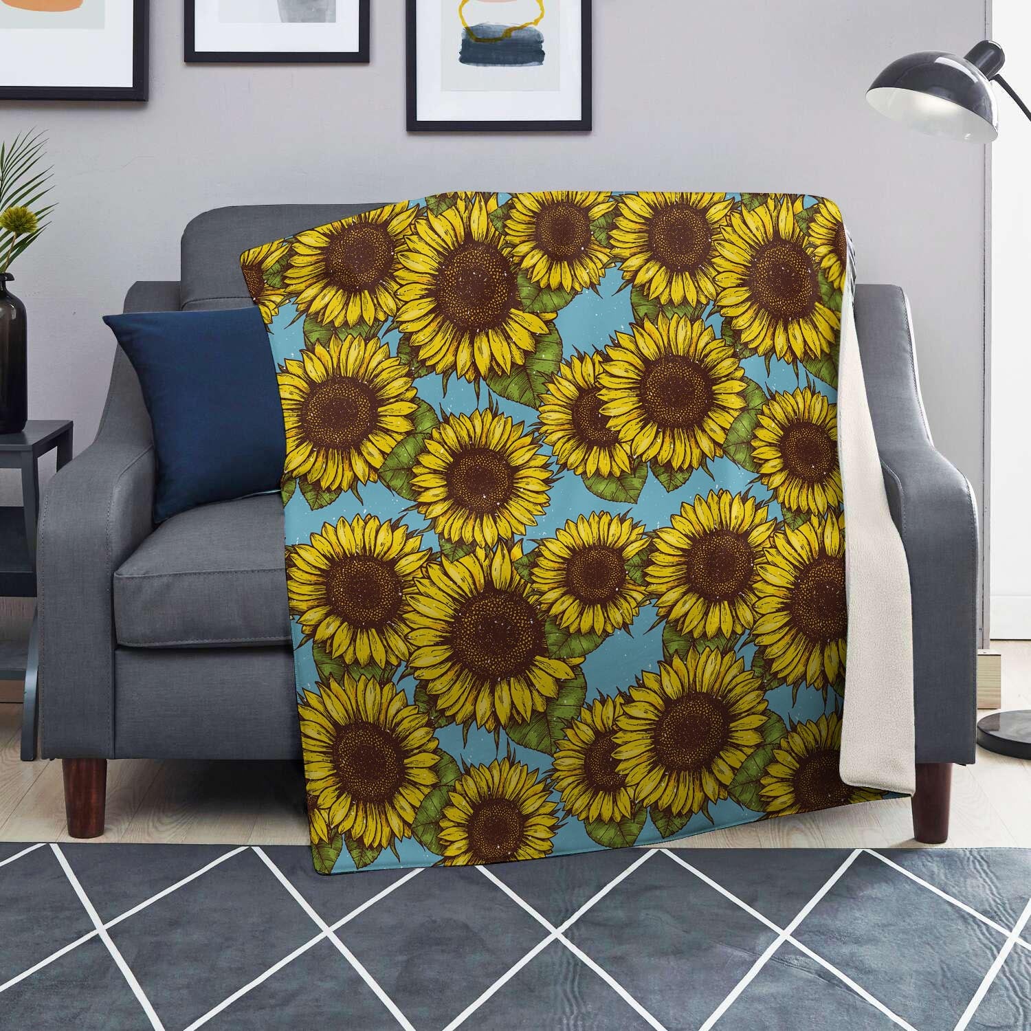 Blue Sunflower Print Blanket-grizzshop