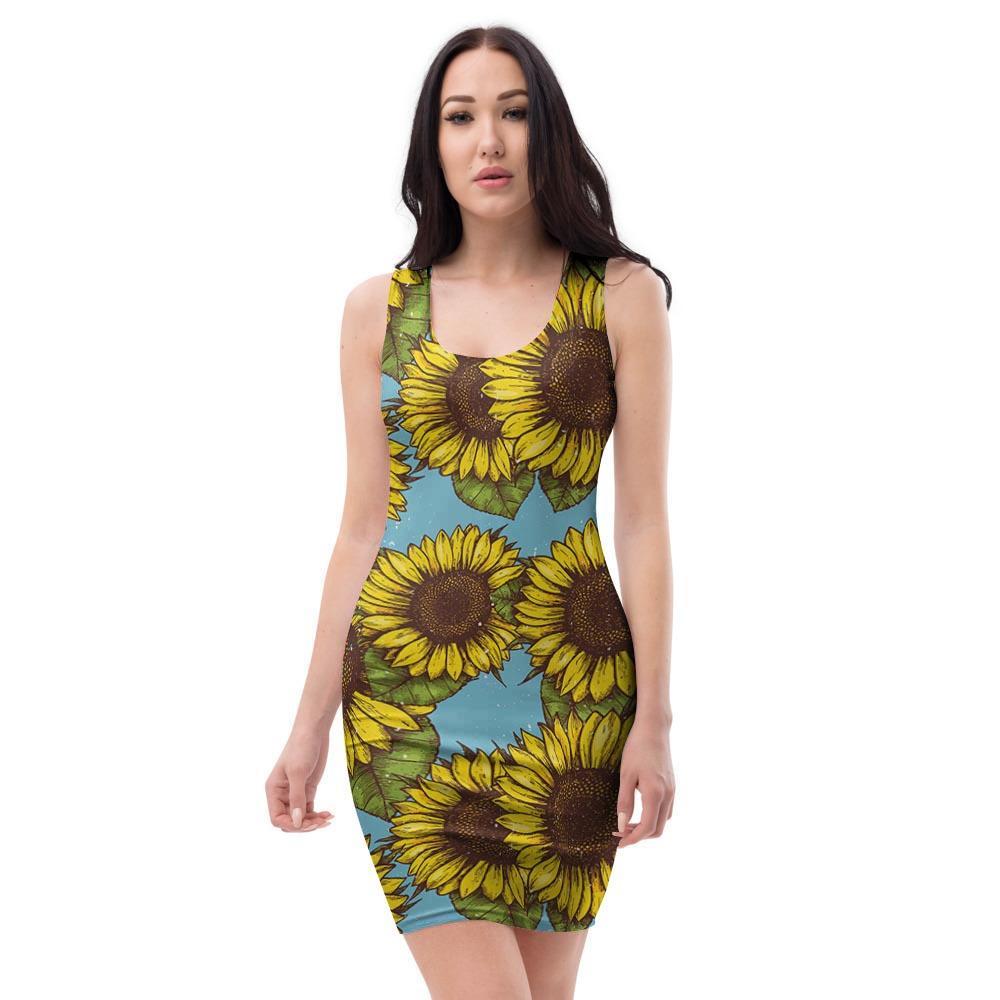 Blue Sunflower Print Bodycon Dress-grizzshop