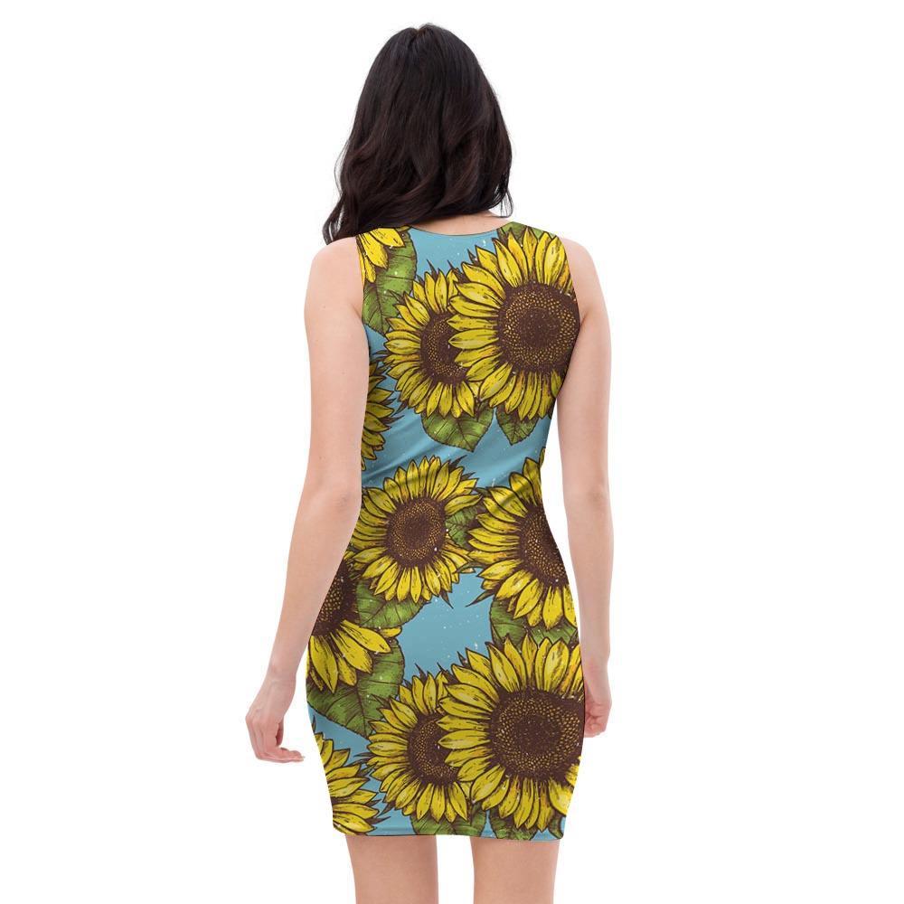 Blue Sunflower Print Bodycon Dress-grizzshop