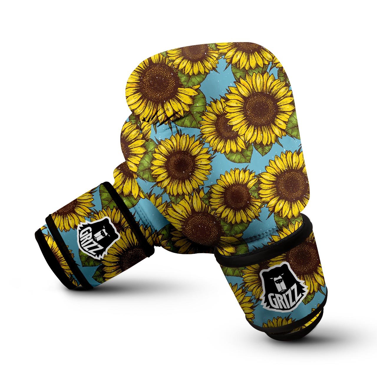 Blue Sunflower Print Boxing Gloves-grizzshop