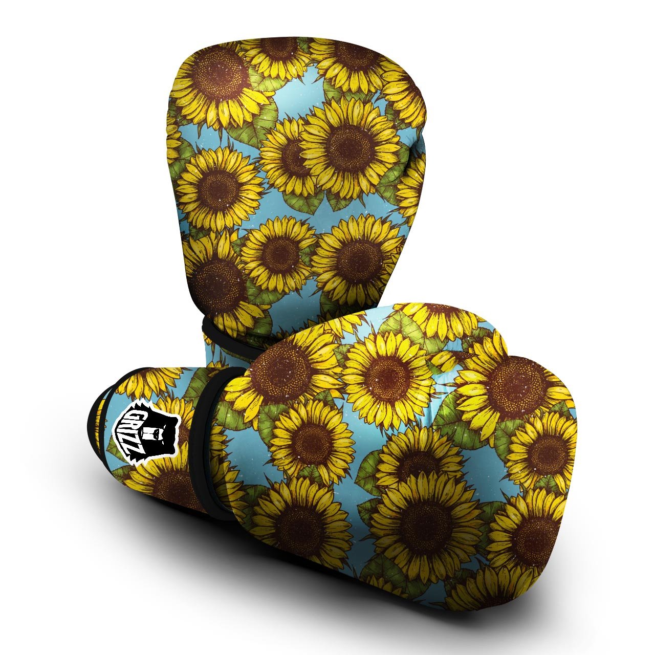 Blue Sunflower Print Boxing Gloves-grizzshop