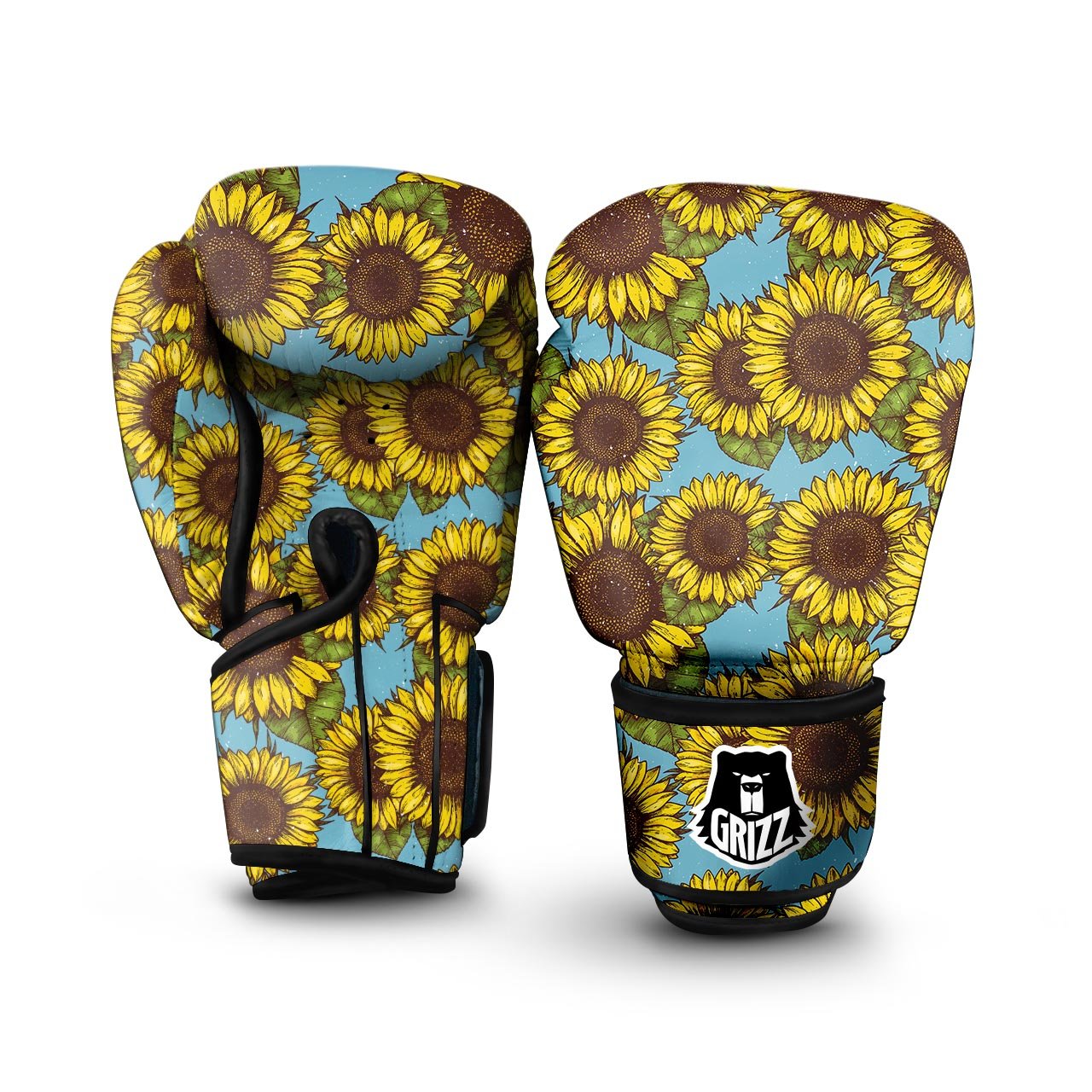 Blue Sunflower Print Boxing Gloves-grizzshop