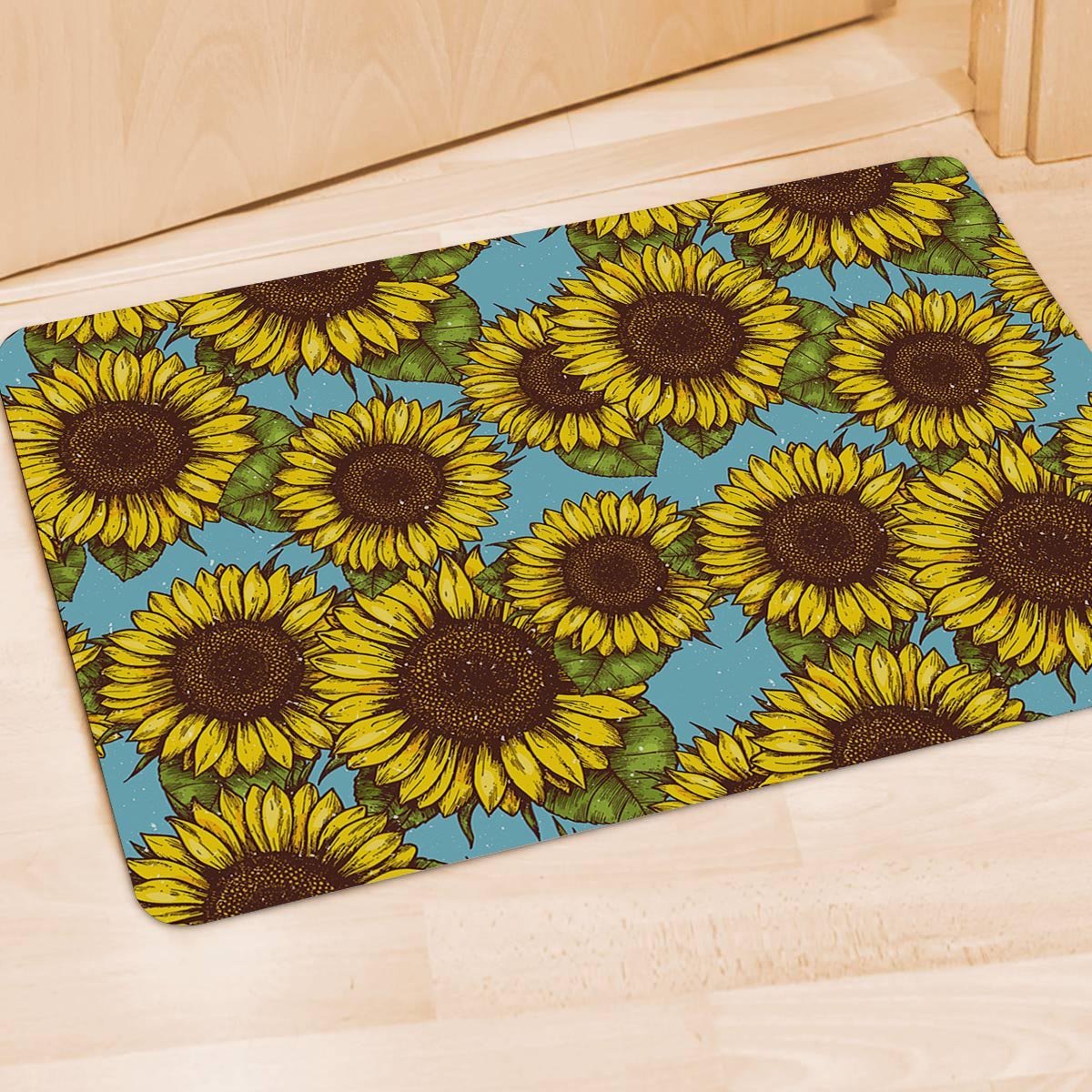 Blue Sunflower Print Door Mat-grizzshop