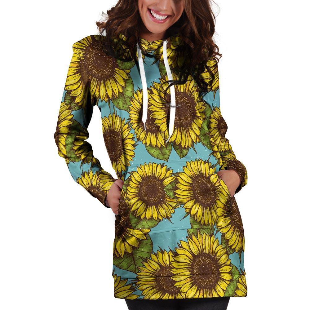 Blue Sunflower Print Hoodie Dress-grizzshop