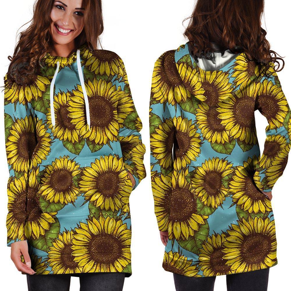 Blue Sunflower Print Hoodie Dress-grizzshop