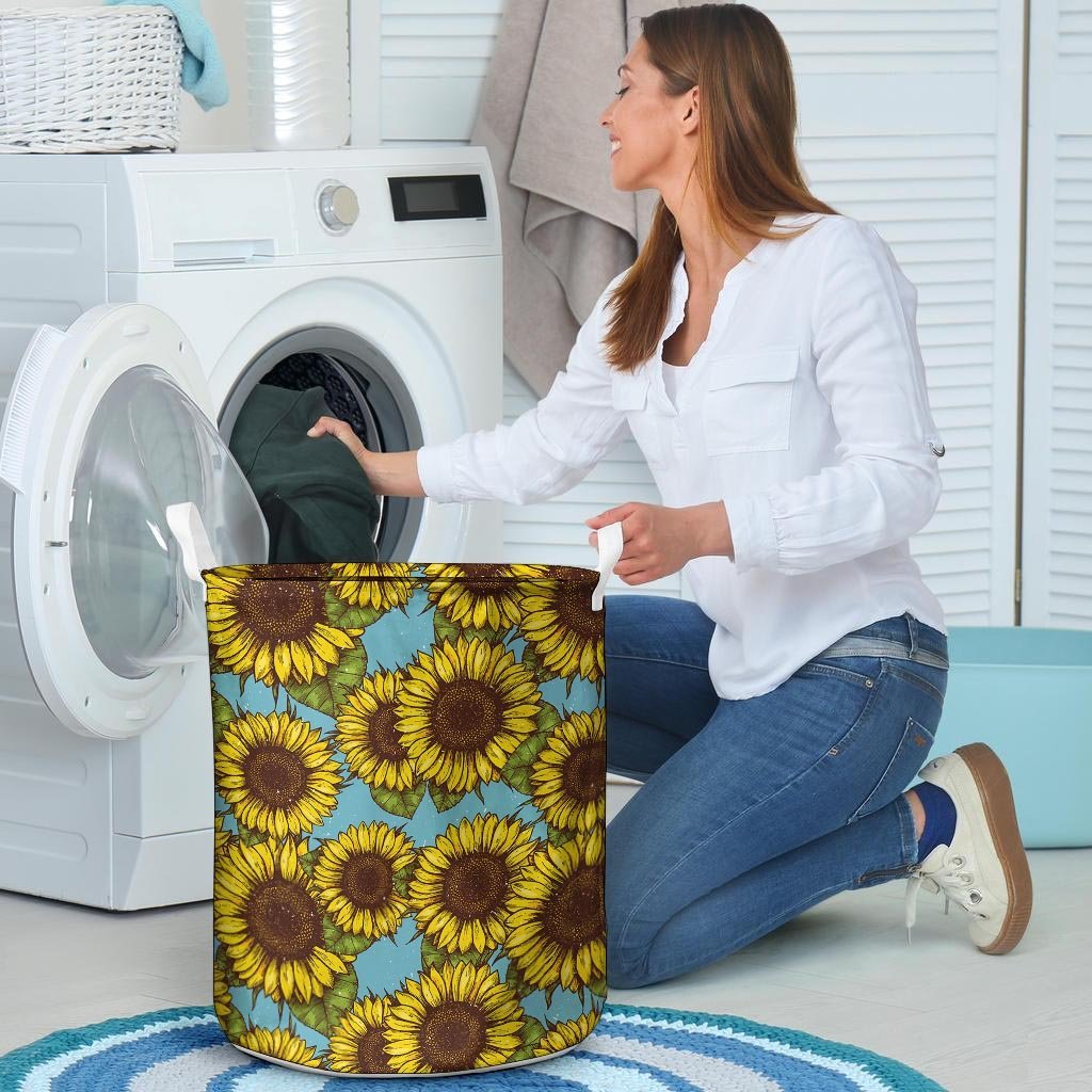 Blue Sunflower Print Laundry Basket-grizzshop