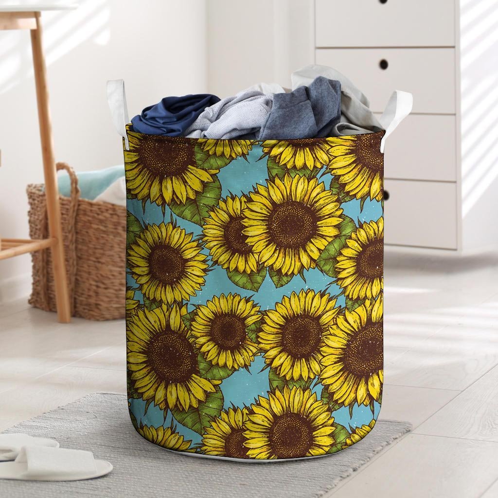 Blue Sunflower Print Laundry Basket-grizzshop