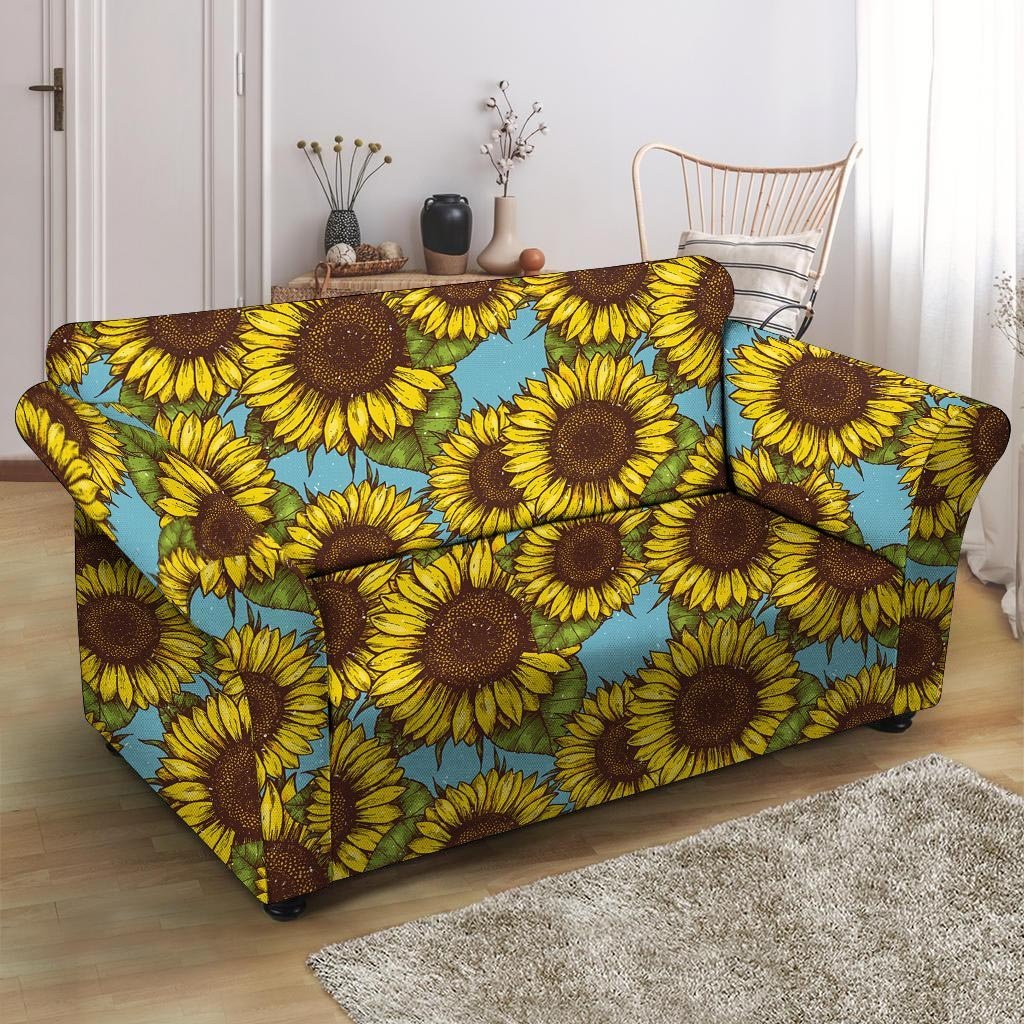 Blue Sunflower Print Loveseat Cover-grizzshop