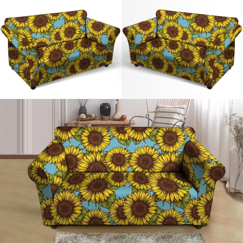 Blue Sunflower Print Loveseat Cover-grizzshop