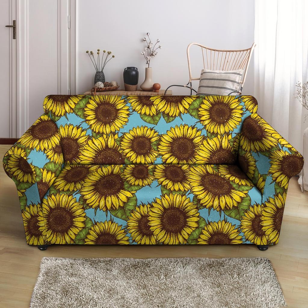 Blue Sunflower Print Loveseat Cover-grizzshop