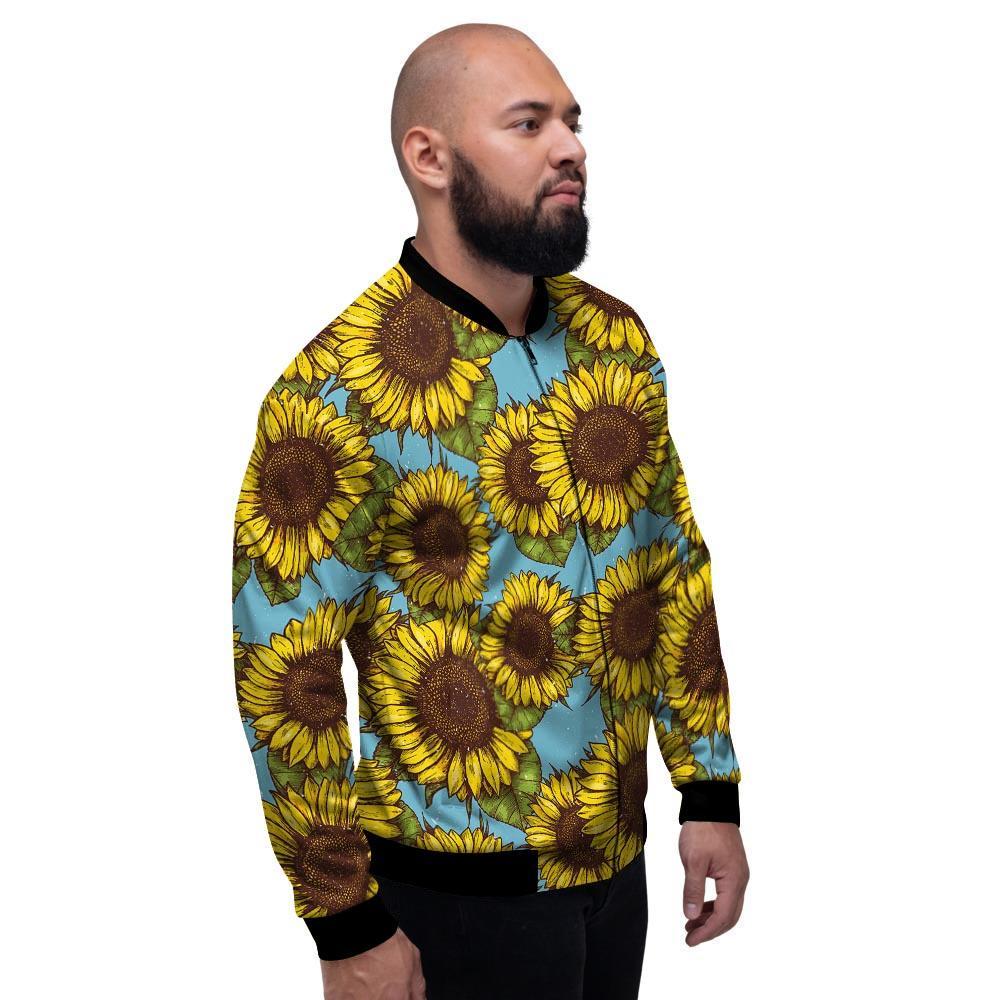 Blue Sunflower Print Men's Bomber Jacket-grizzshop