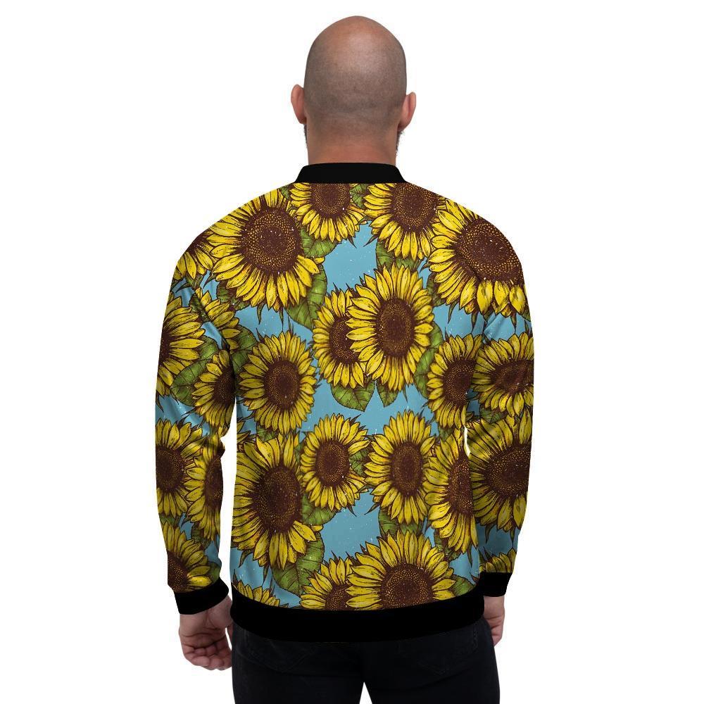 Blue Sunflower Print Men's Bomber Jacket-grizzshop