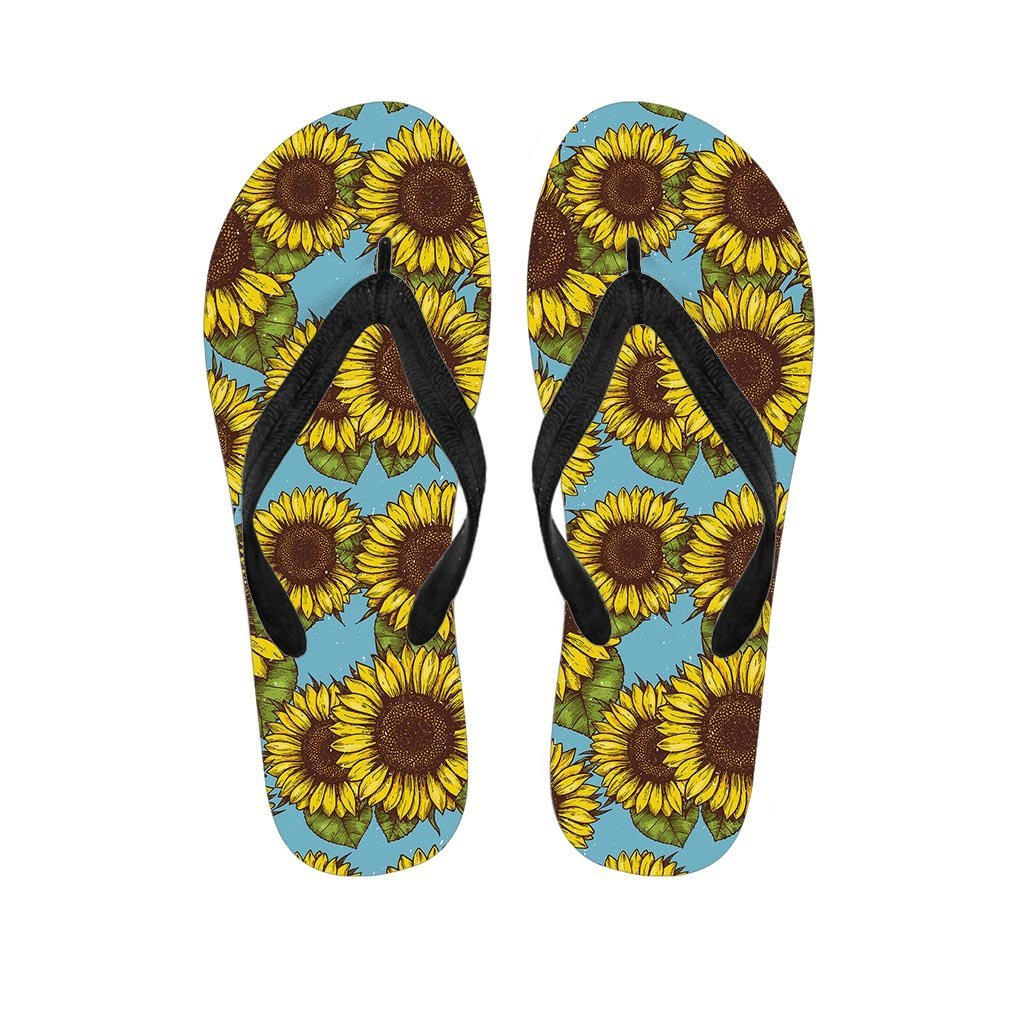 Blue Sunflower Print Men's Flip Flops-grizzshop