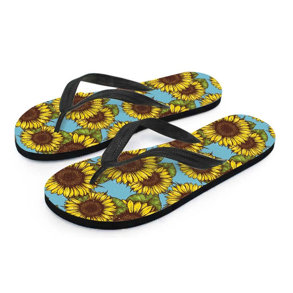 Blue Sunflower Print Men's Flip Flops-grizzshop