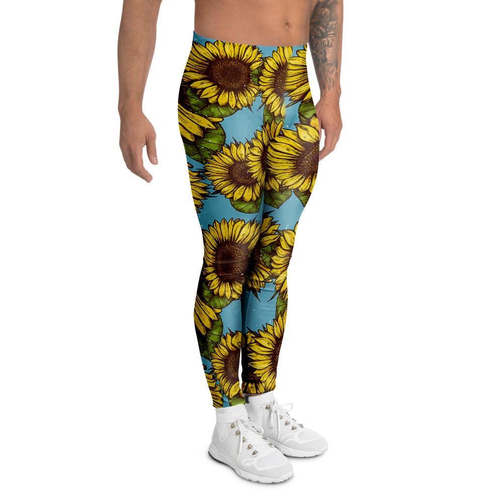 Blue Sunflower Print Men's Leggings-grizzshop