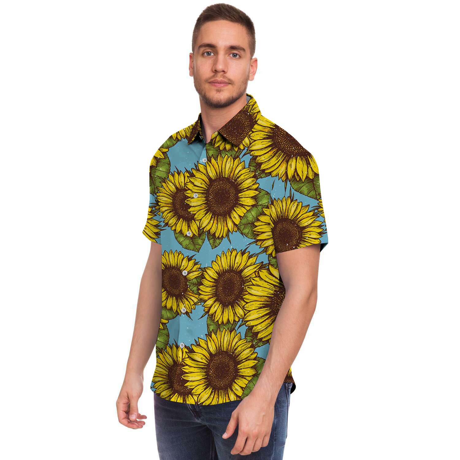 Blue Sunflower Print Men's Short Sleeve Shirt-grizzshop