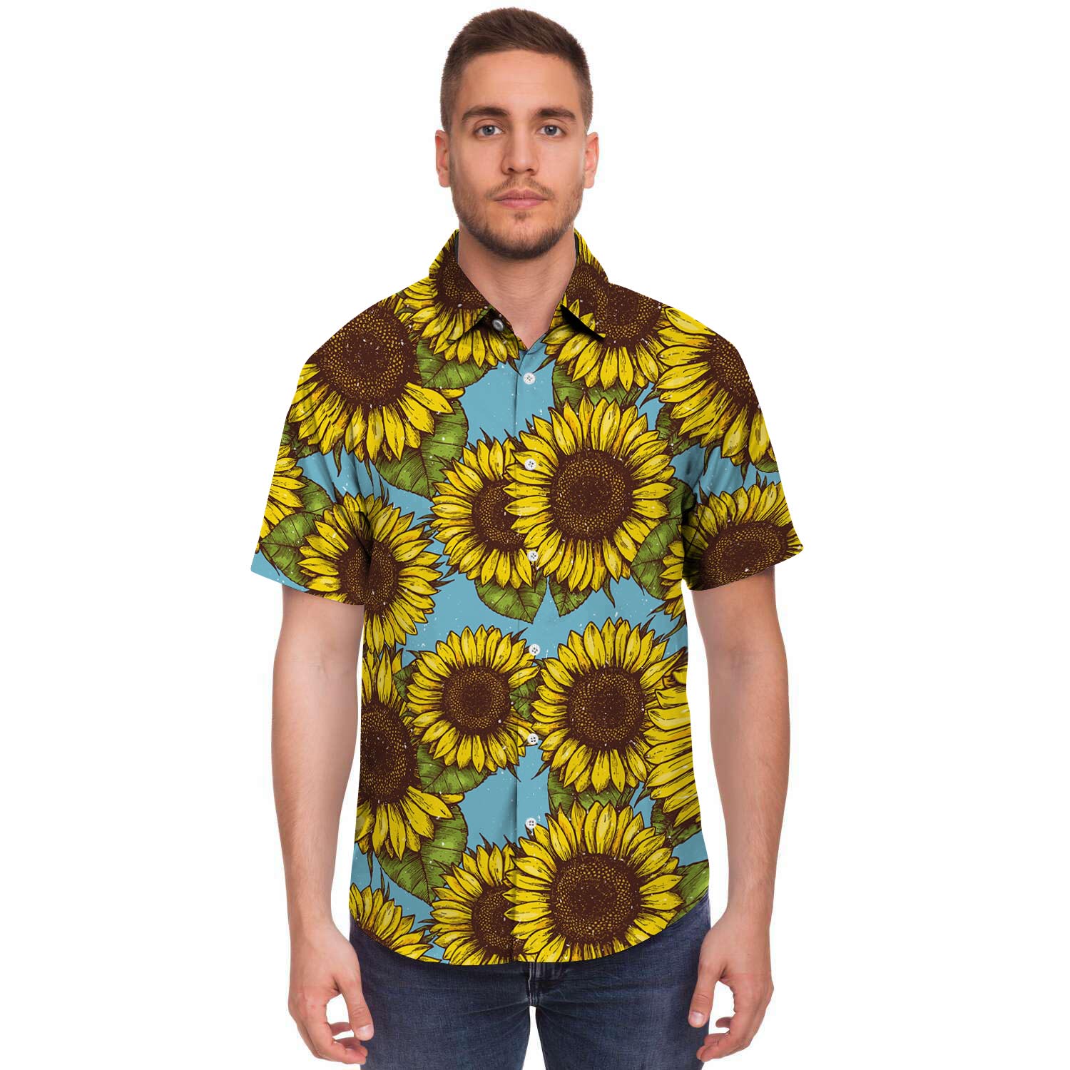 Blue Sunflower Print Men's Short Sleeve Shirt-grizzshop