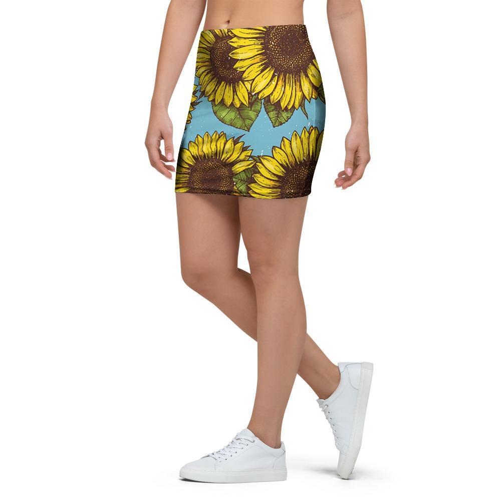 Blue Sunflower Print Mini Skirt-grizzshop