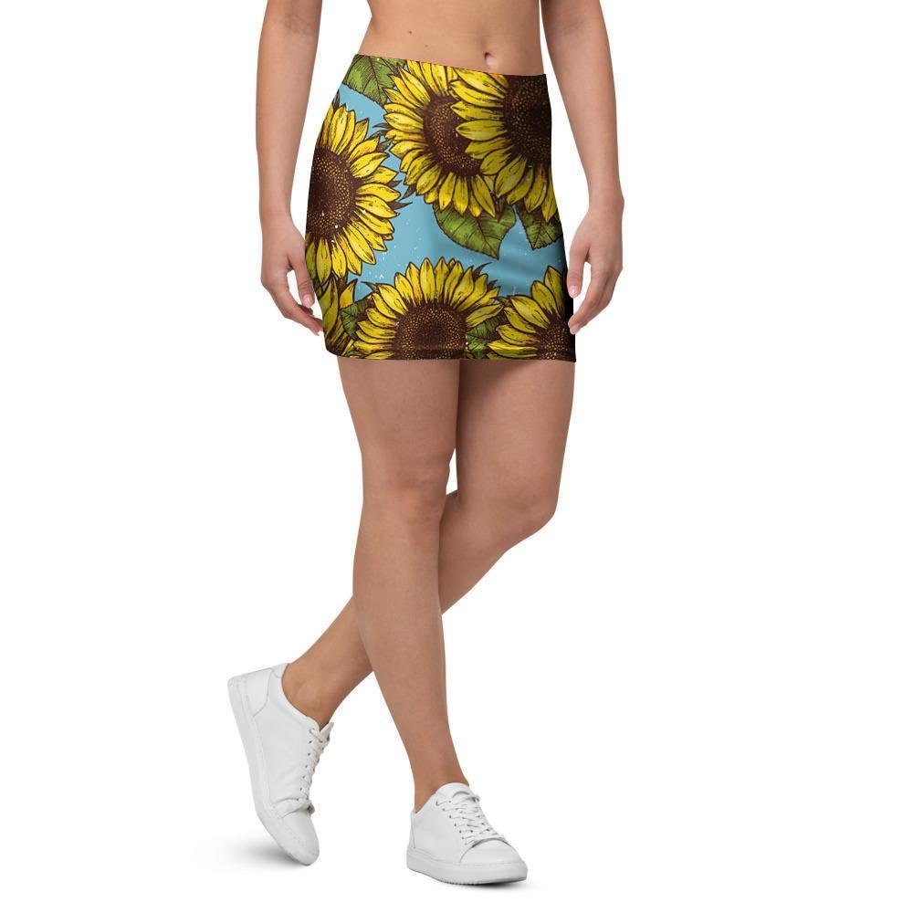 Blue Sunflower Print Mini Skirt-grizzshop