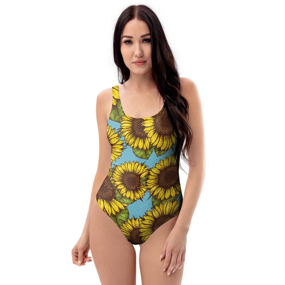 Blue Sunflower Print One Piece Swimsuite-grizzshop