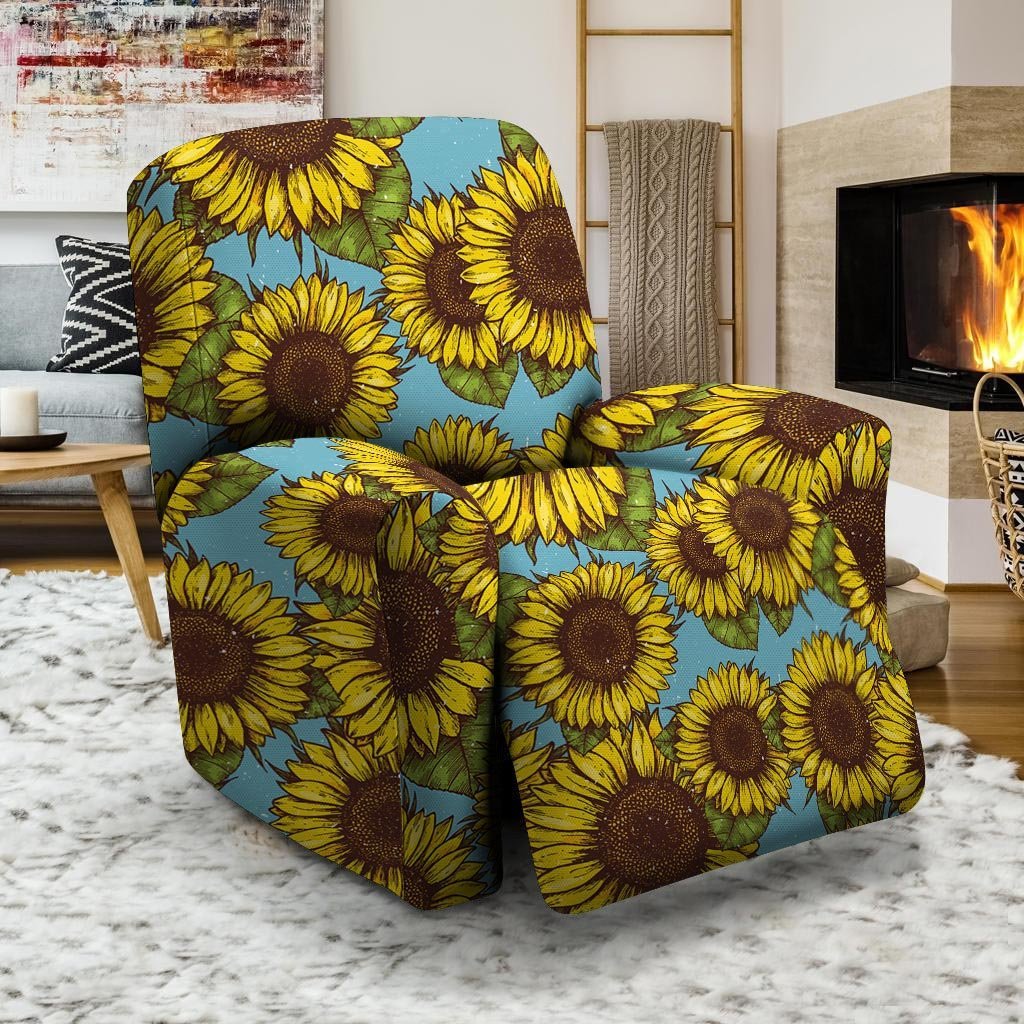 Blue Sunflower Print Recliner Cover-grizzshop