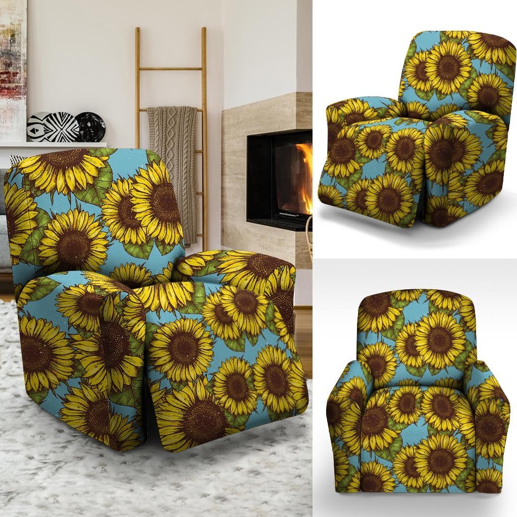 Blue Sunflower Print Recliner Cover-grizzshop